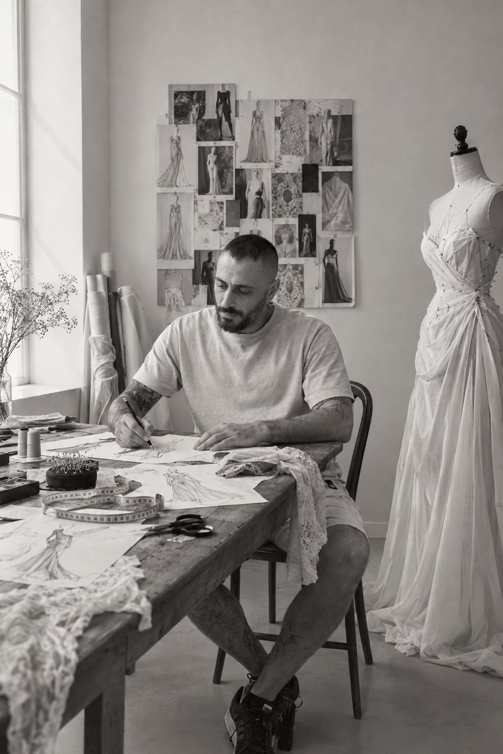 Yaki Ravid sketching gown designs at his atelier table, a draped toile on the mannequin beside him